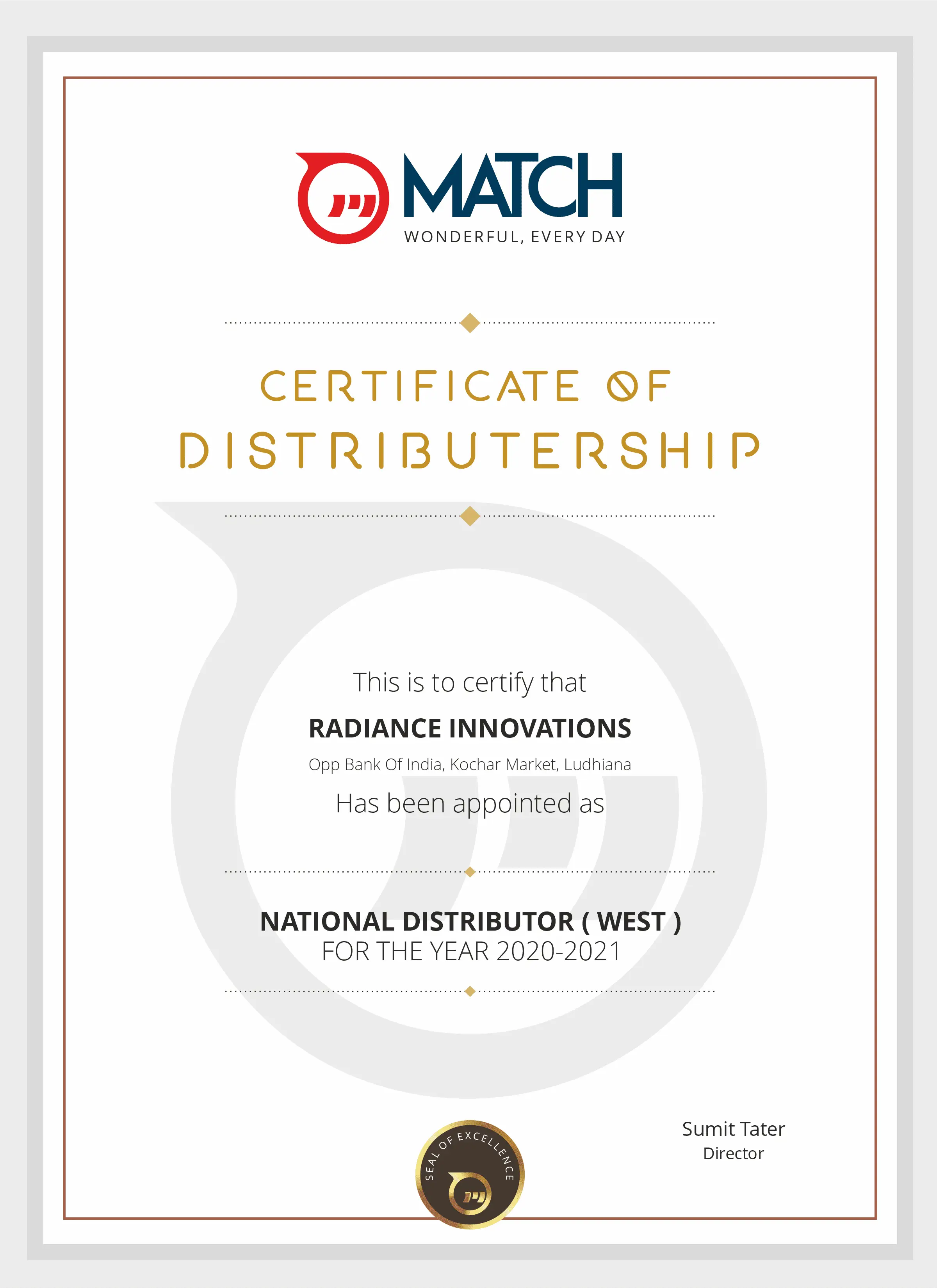 Match – Certificate of Distributorship Design Match – Certificate of Distributorship Design
