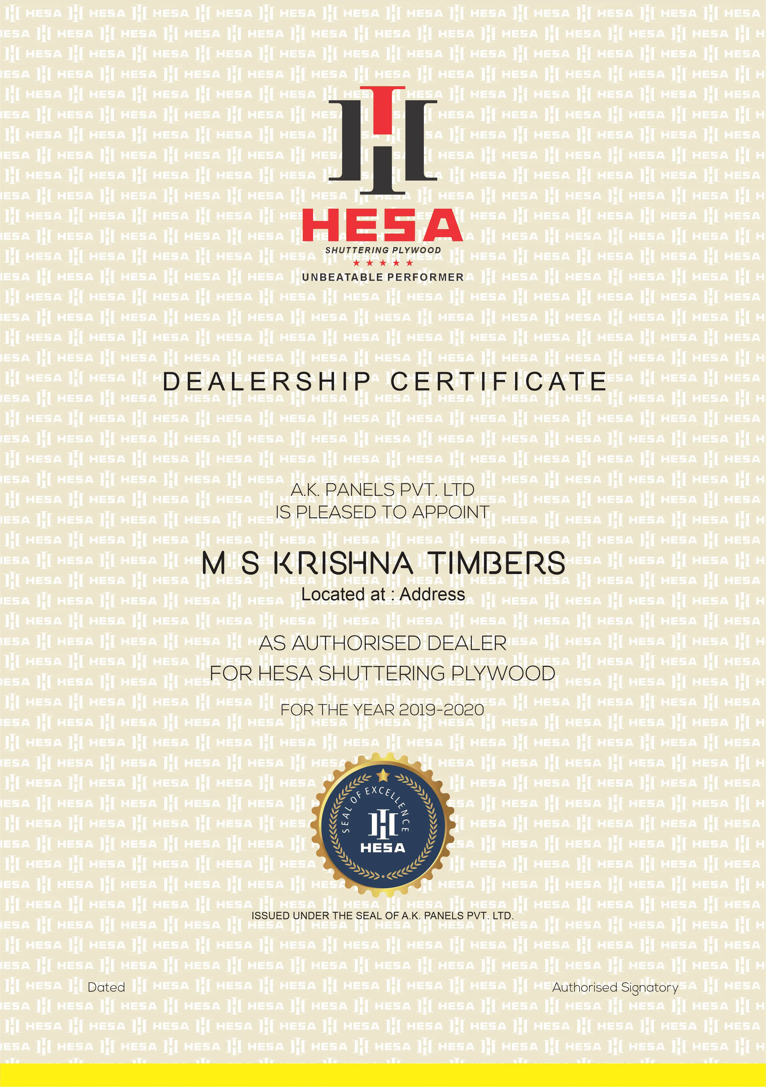 HESA Shuttering Plywood – Dealership Certificate Design