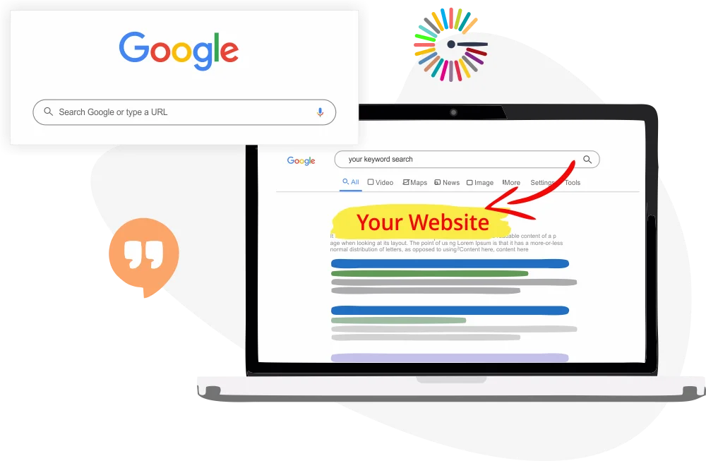 SEO, AEO and GEO services by Gowebkart Illustration of a website ranking at the top of Google search results