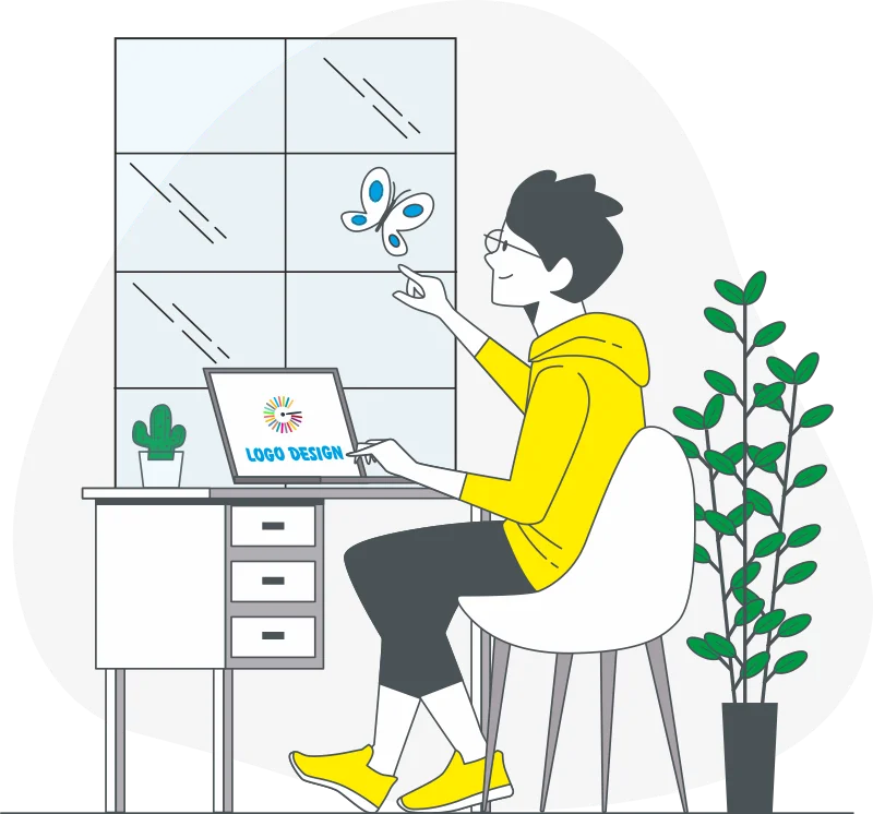 Graphic and logo design by Gowebkart Illustration of a designer creating a logo on a laptop