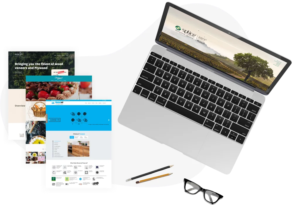 Website design and development by Gowebkart Business websites designed by Gowebkart, shown on a laptop and page layouts